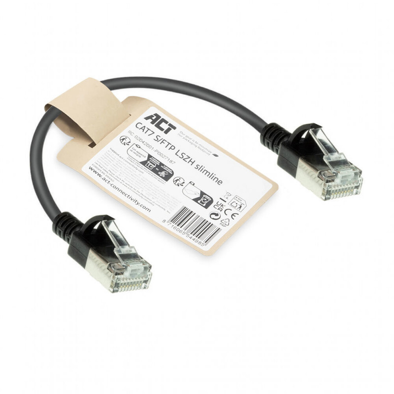 ACT zwarte 0,25 m LSZH S/FTP CAT7 slimline patchkabel snagless met RJ45-stekkers (DF7952)