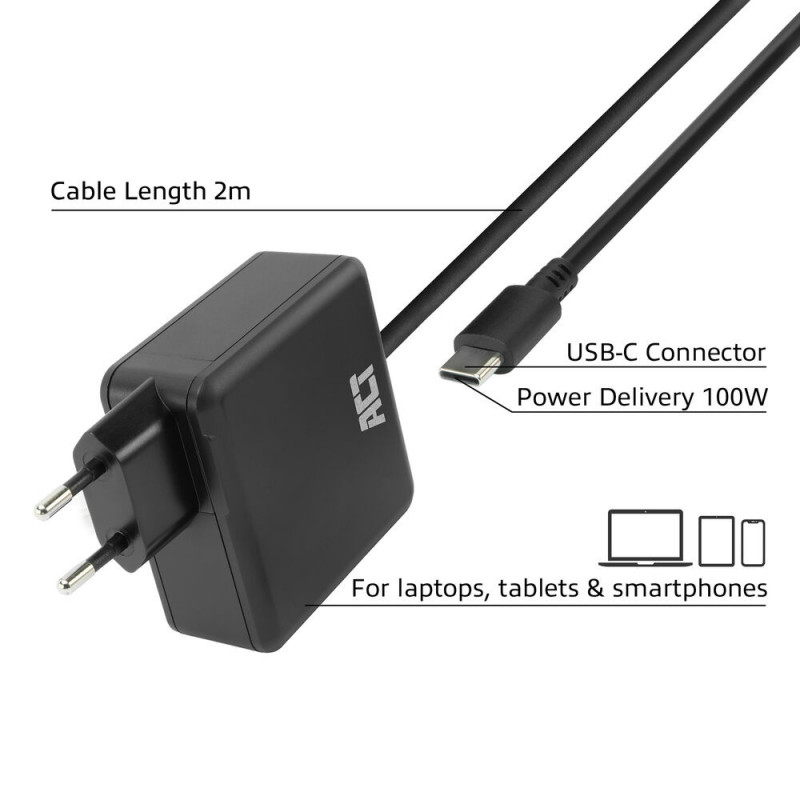 ACT USB-C laptopvoeding 100W met Power Delivery profielen, 2 m (AC2015)