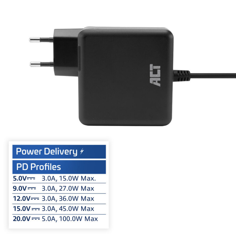 ACT USB-C laptopvoeding 100W met Power Delivery profielen, 2 m (AC2015)