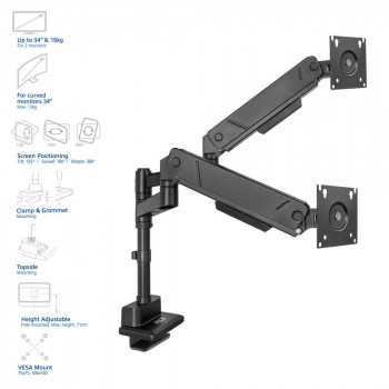ACT AC8330 Office Solid Pro dual-monitorarm, gasveer, paalmontage, tot 34
