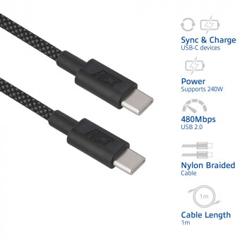 ACT USB 2.0 240W laad-/datakabel USB-C naar USB-C, zwart, 1m (AC3086)
