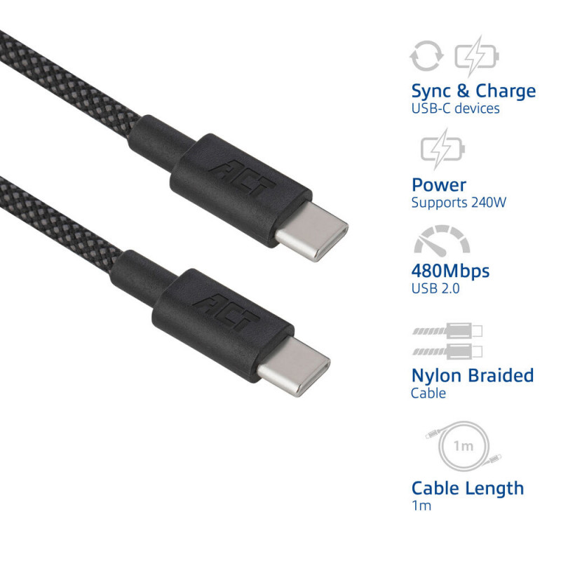 ACT USB 2.0 240W laad-/datakabel USB-C naar USB-C, zwart, 1m (AC3086)