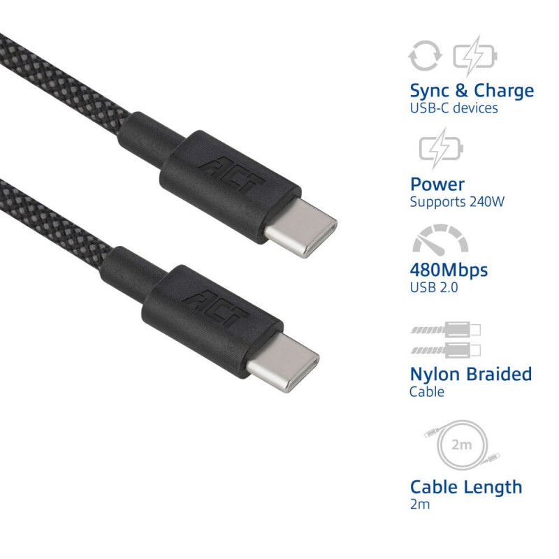 ACT USB 2.0 240W laad-/datakabel USB-C naar USB-C, zwart, 2 m (AC3087)