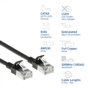 ACT zwarte 10 meter LSZH S/FTP CAT6A slimline patchkabel snagless met RJ45 stekkers (DB7910)