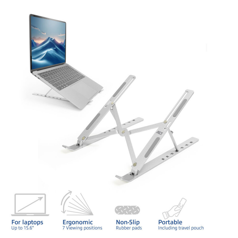ACT opvouwbare laptopstandaard, 7 posities in hoogte verstelbaar, aluminium, zilver, ACT Essentials (AC8121)
