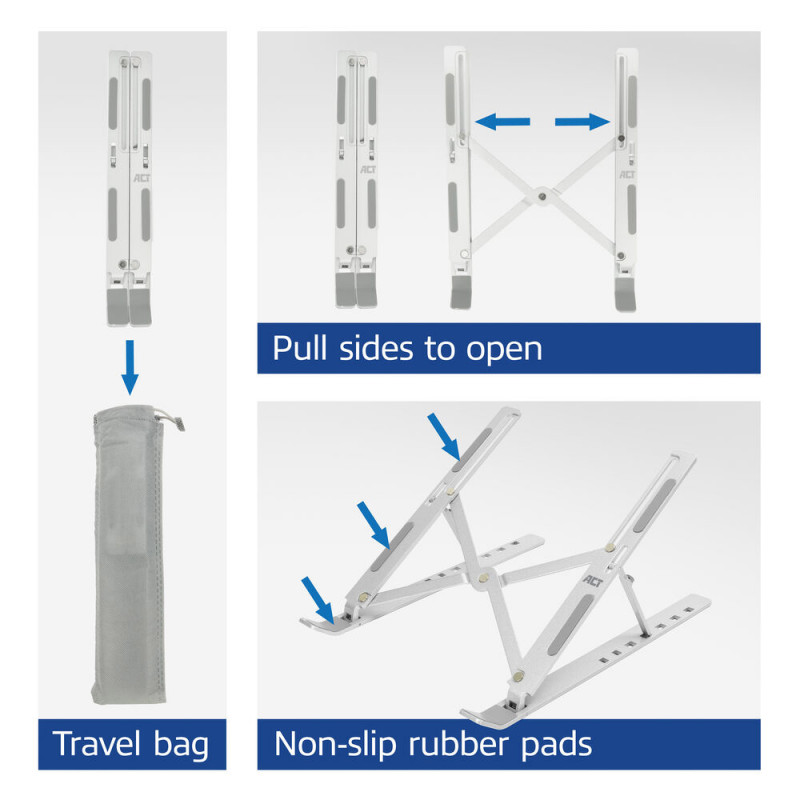 ACT opvouwbare laptopstandaard, 7 posities in hoogte verstelbaar, aluminium, zilver, ACT Essentials (AC8121)