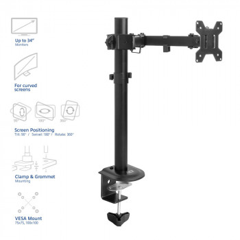 ACT AC8361 monitorarm voor 17-34 inch schermen, gasveer, tafelklem & doorvoer, VESA 75/100, zwart