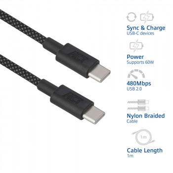 ACT USB 2.0 60W laad-/datakabel USB-C naar USB-C, zwart, 1 meter (AC3082)