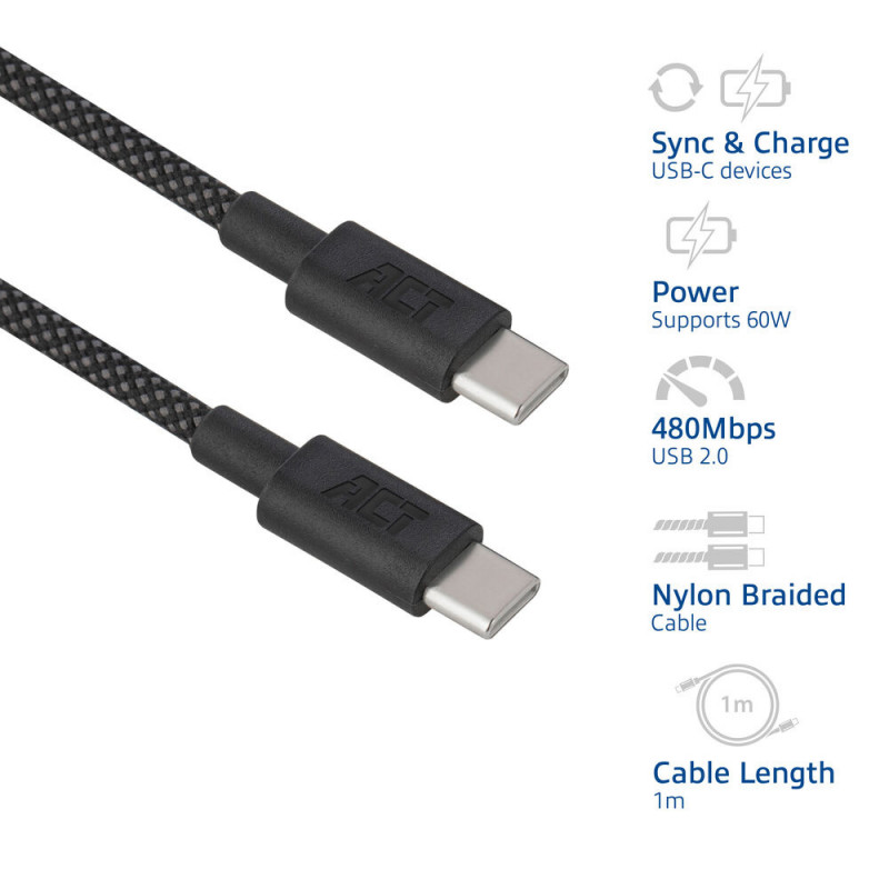 ACT USB 2.0 60W laad-/datakabel USB-C naar USB-C, zwart, 1 meter (AC3082)