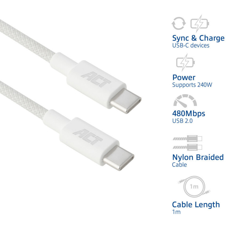 ACT USB 2.0 240W laad-/datakabel USB-C naar USB-C, wit, 1 m (AC3084)