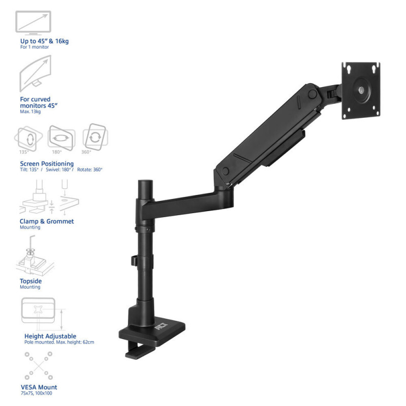 ACT monitorarm 45 inch Office Solid Pro gasveer staafmontage 1 monitor (AC8329)