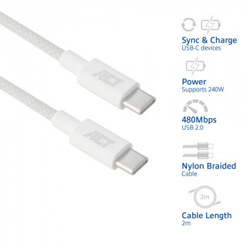 ACT USB 2.0 240W laad-/datakabel USB-C naar USB-C, wit, 2m (AC3085)