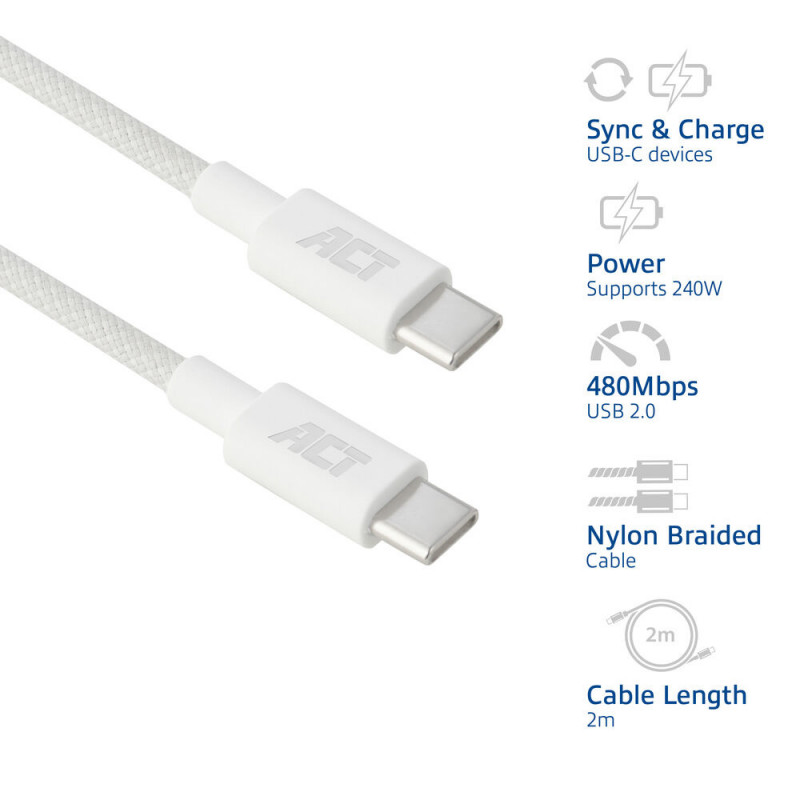 ACT USB 2.0 240W laad-/datakabel USB-C naar USB-C, wit, 2m (AC3085)