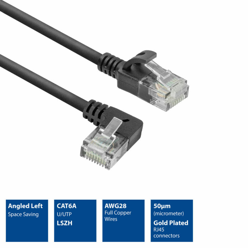ACT DC1901 1m CAT6A U/UTP LSZH Slimline patchkabel, RJ45 90° haaks links naar recht, zwart