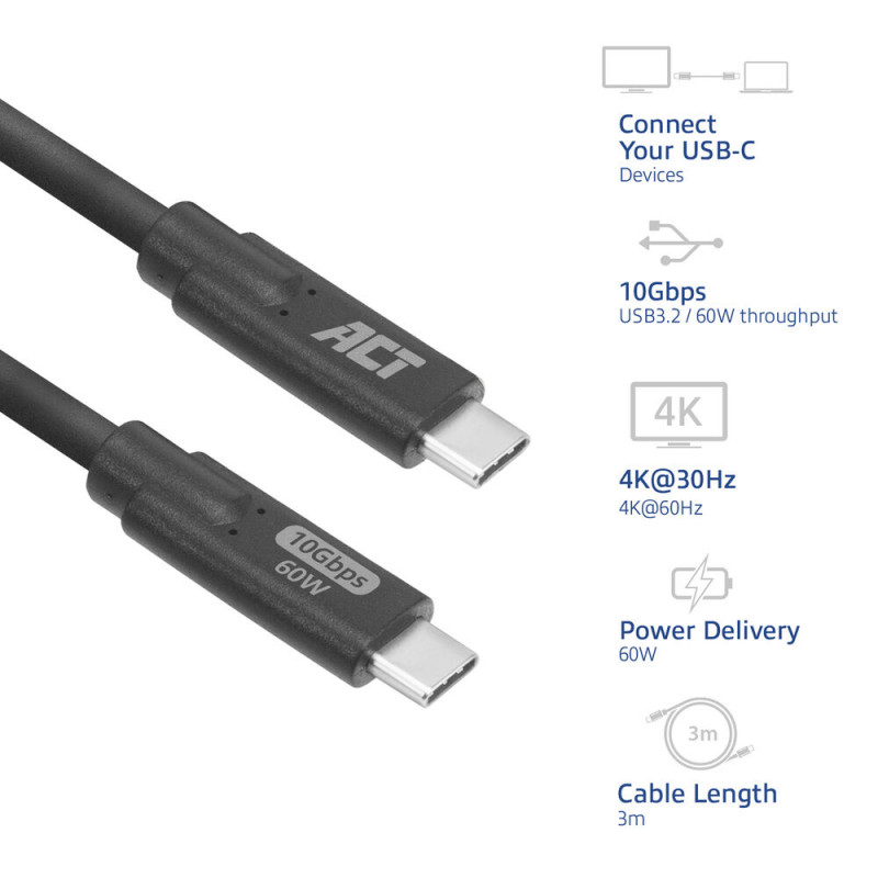 ACT AC7443 USB-C (M) naar USB-C (M)-kabel, 24-polig