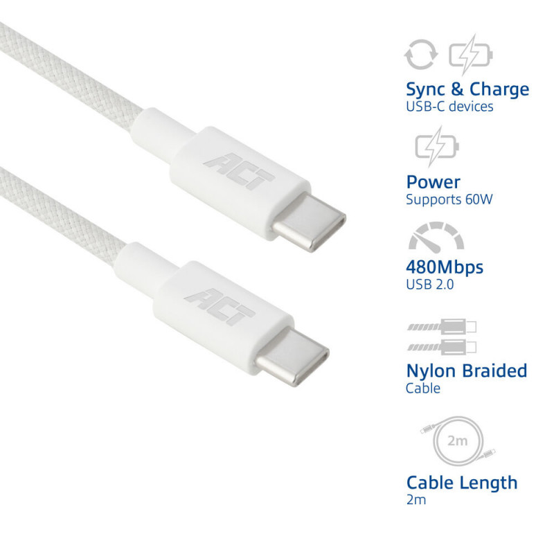 ACT USB 2.0 60W laad-/datakabel USB-C naar USB-C, wit, 2 m (AC3081)
