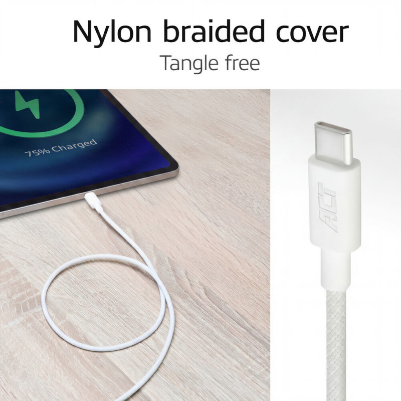 ACT USB 2.0 60W laad-/datakabel USB-C naar USB-C, wit, 2 m (AC3081)