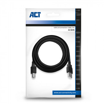 ACT AC3045 USB 2.0 kabel, USB-A stekker naar USB-B stekker, 5 m, zwart