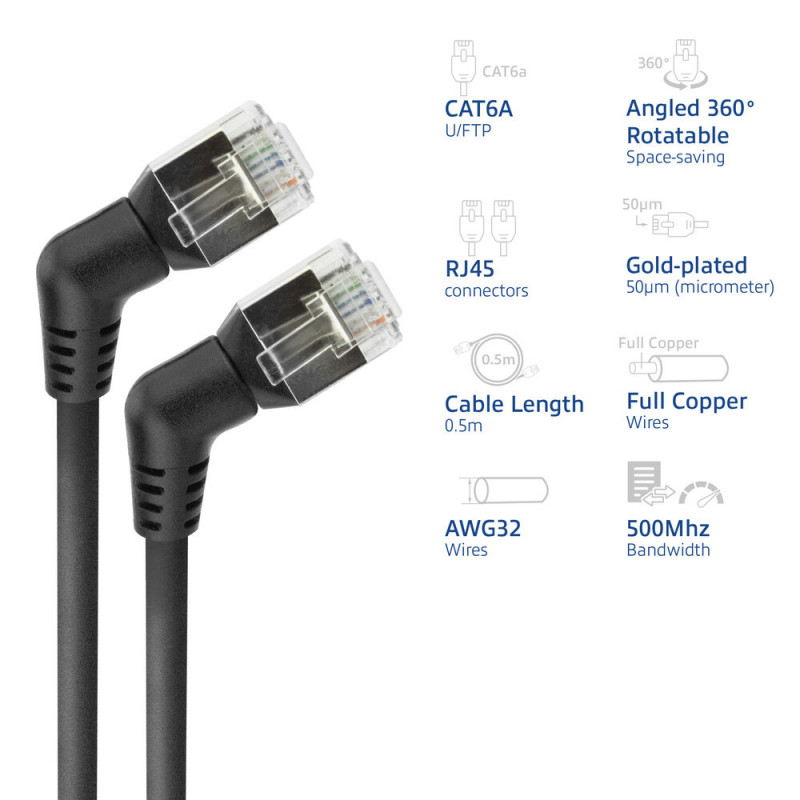 ACT DD1900 zwart 0,5m U/FTP CAT6A slimline patchkabel met haakse 360° draaibare RJ45-stekkers