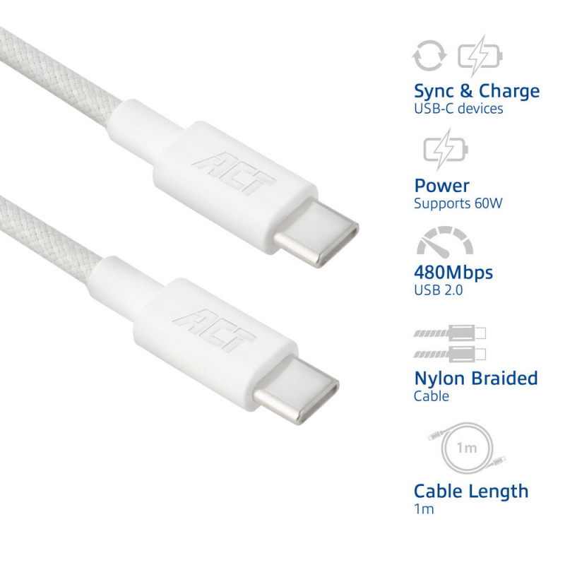 ACT USB 2.0 60W laad-/datakabel USB-C naar USB-C, wit, 1 m (AC3080)