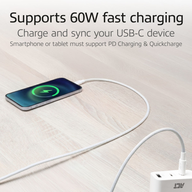 ACT USB 2.0 60W laad-/datakabel USB-C naar USB-C, wit, 1 m (AC3080)