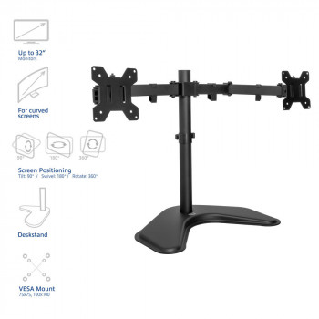 ACT AC8363 dual-monitor tafelhouder voor 2 beeldschermen tot 32 inch - klem & tule montage, VESA 75/100, 8kg per arm, zwart
