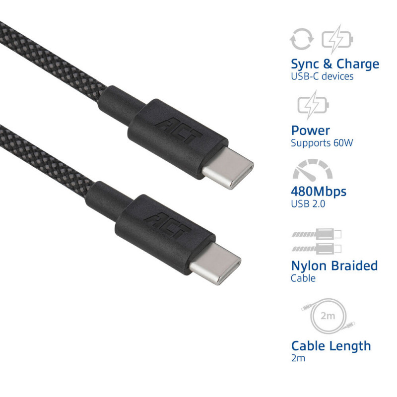ACT USB 2.0 60W laad-/datakabel USB-C naar USB-C, zwart, 2m (AC3083)