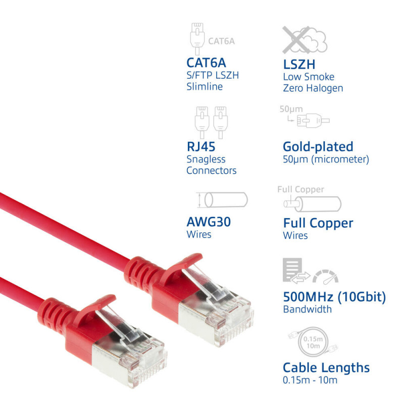 ACT rode 1m LSZH S/FTP CAT6A slimline patchkabel snagless RJ45 (DB7501)