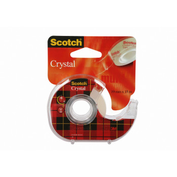 3M Scotch Crystal Clear plakband met handafroller, 19 mm x 15 m, transparant, licht en geluidloos, 1 rol 6-1915D