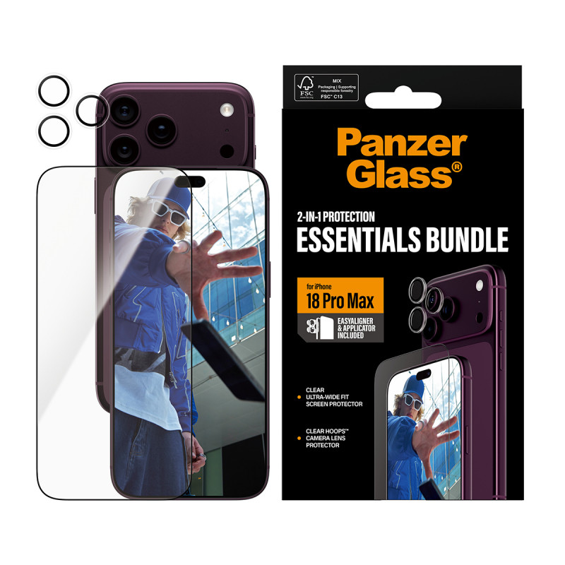 PanzerGlass 2-in-1 Essentials bundel beeldschermbeschermfolie & cameralensbescherming voor iPhone 18 Pro Max