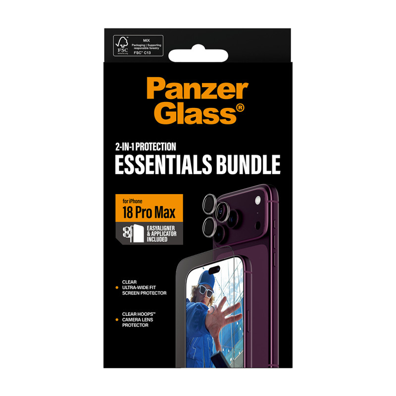 PanzerGlass 2-in-1 Essentials bundel beeldschermbeschermfolie & cameralensbescherming voor iPhone 18 Pro Max