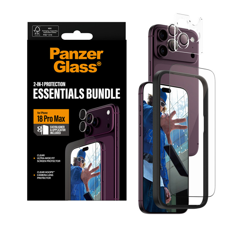 PanzerGlass 2-in-1 Essentials bundel beeldschermbeschermfolie & cameralensbescherming voor iPhone 18 Pro Max
