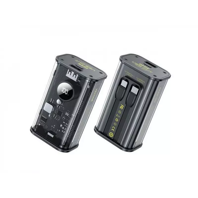 WEKOME WK-WP-345 Vanguard-serie powerbank, 10000 mAh, ingebouwde USB-C- en Lightning-kabel, PD 20 W + QC 22,5 W, zwart