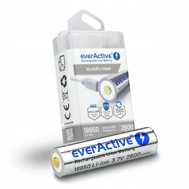 Batterij everActive 18650 3.7V Li-ion 2600mAh micro USB met bescherming BOX
