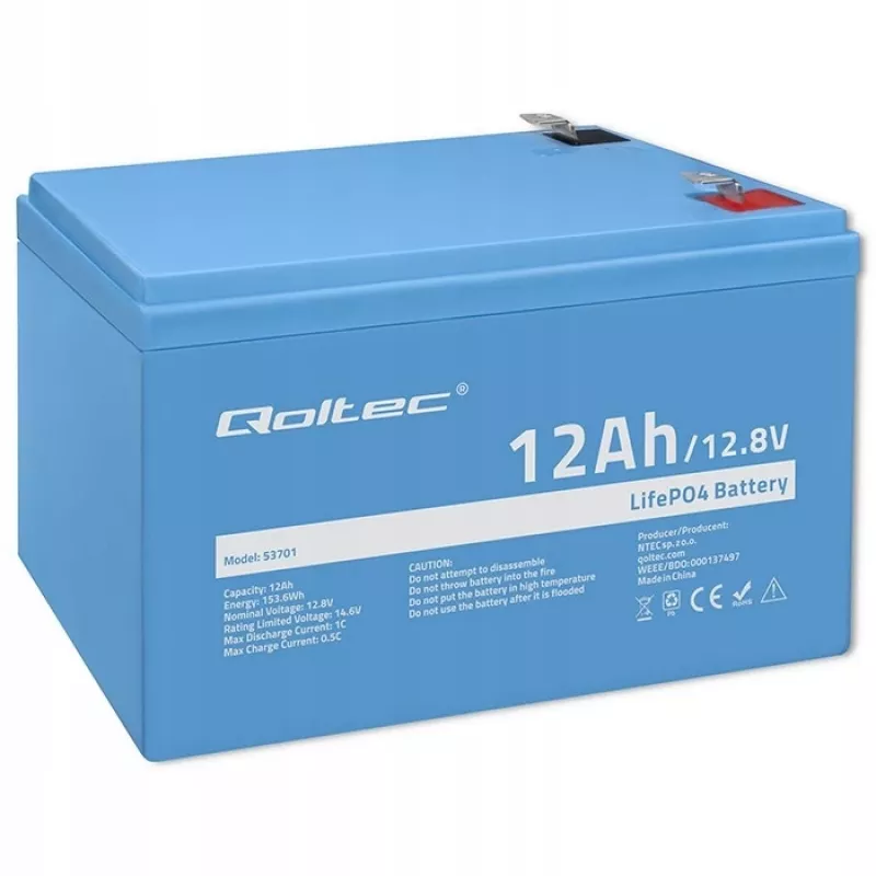 Qoltec LiFePO4 Lithium-ijzerfosfaat-accu 12,8 V 12 Ah 153,6 Wh met BMS