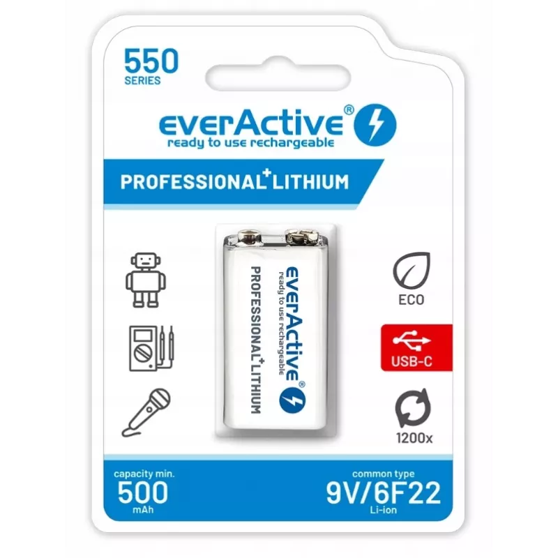 Oplaadbare batterij everActive 6F22/9V Li-ion 550 mAh met USB TYPE C