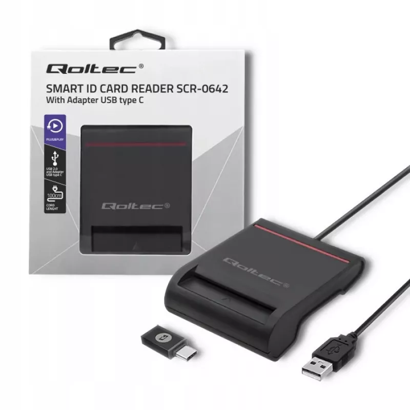 ID-kaartlezer QOLTEC smartchip-ID-kaartlezer — USB, zwart, 84,5×65×16 mm, 63 g