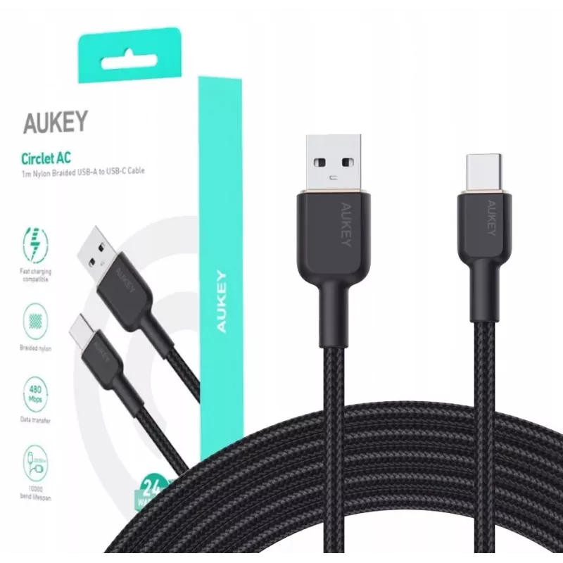 USB-A-naar-USB-C-kabel Aukey CB-NAC1, 1 m, gevlochten nylon, USB PD 60 W, USB 2.0