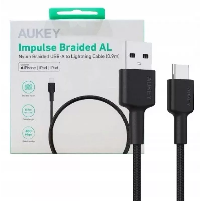 AUKEY CB-CD30 USB-A-naar-USB-C-kabel 0,9 m, nylon gevlochten, 60W PD, 3A, zwart