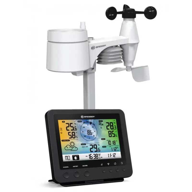Bresser 7002580 Weather Center 5-in-1 digitaal wifi-weerstation met professionele sensor, 5,7″ display, netvoeding, zwart