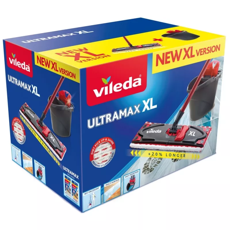VILEDA wismop Ultramax XL Box — wasbare microvezel-360°-draaikop, opvouwbaar, voor harde vloeren