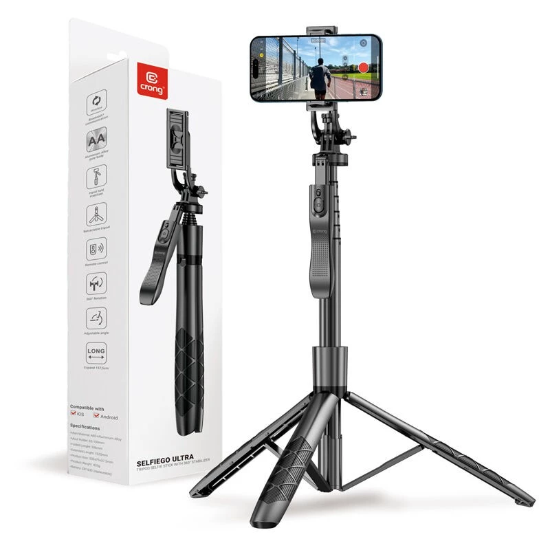 Statief-selfiestick Crong CRGSGU1BLK aluminium Bluetooth met opvouwbare poten en telefoonhouder