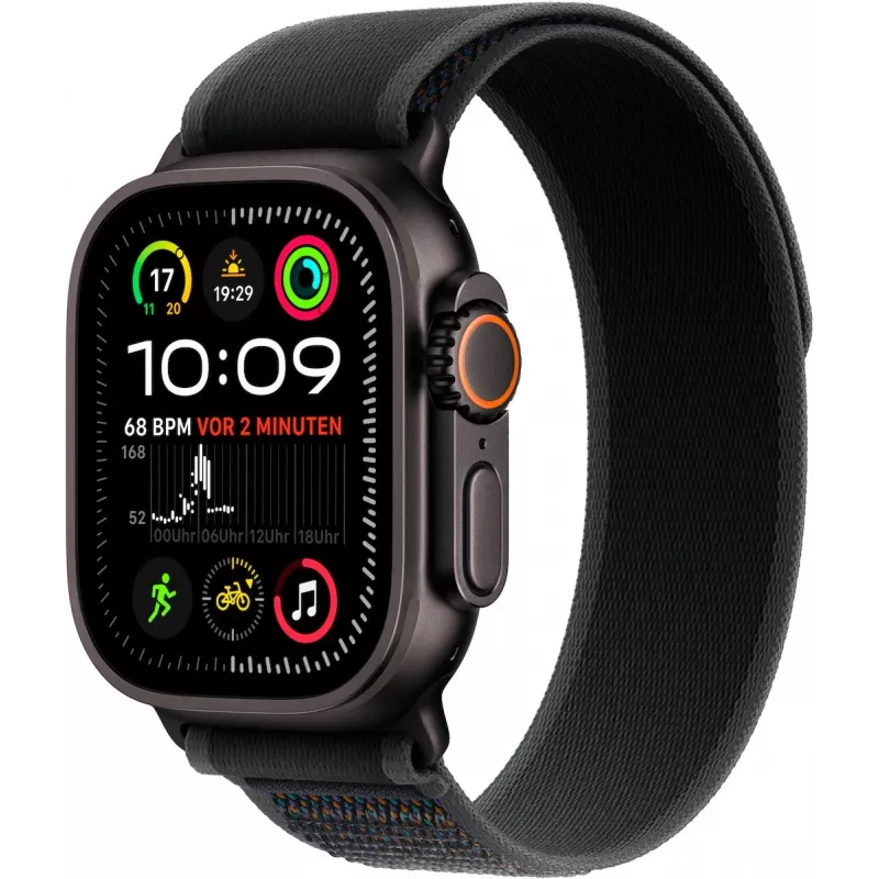 APPLE Watch Ultra 2 GPS + Cellular 49 mm behuizing van zwart titanium met zwarte Trail Loop – M/L