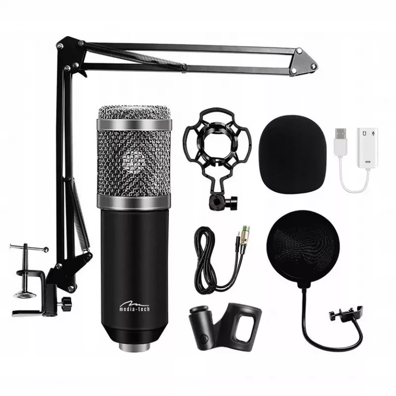 Pc-microfoon MEDIA-TECH MT397S — bekabeld, XLR-ingang, 20–20000 Hz, 150 Ω, -32 dB, 2,4 m kabel, tafelstandaard, zwart
