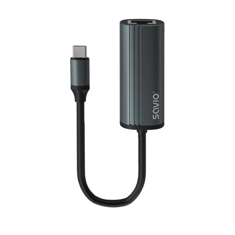 SAVIO-adapter USB-C 3.1 Gen.1 (M) naar RJ-45 Gigabit Ethernet (F), 1000 Mbps, AK-56, grijs