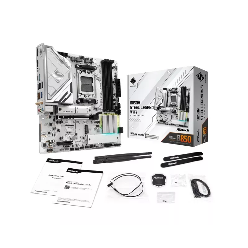 Moederbord ASRock B850M Steel Legend WiFi — AMD B850, socket AM5, microATX, DDR5, 4 DIMM, Wi-Fi 7, 2.5Gb LAN