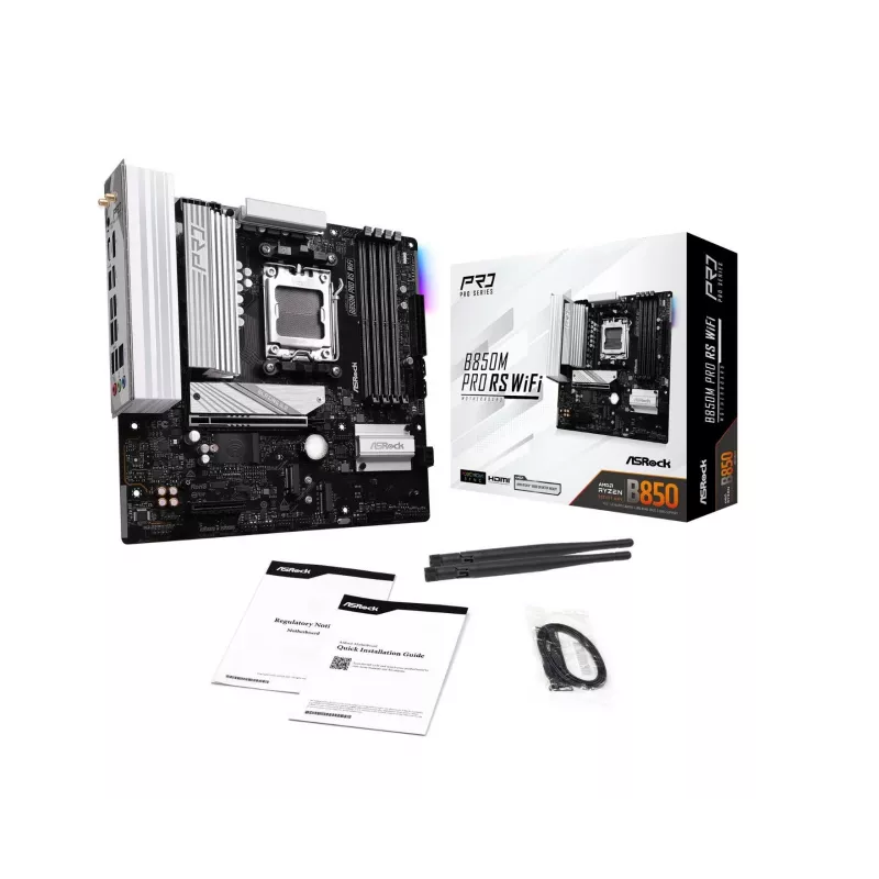 ASRock B850M Pro RS WiFi moederbord — AMD B850, socket AM5, microATX, DDR5, 4 DIMM, 256GB, Wi-Fi 6E, 2.5Gb LAN, 3x M.2