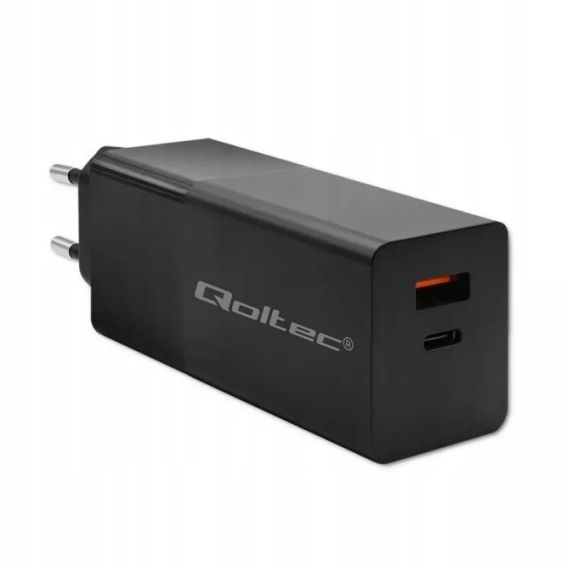 Qoltec 52382 GaN POWER PRO oplader | 1xUSB Type C | 1xUSB A | 100W | 5-20V | 1.5-5A | PD | zwart