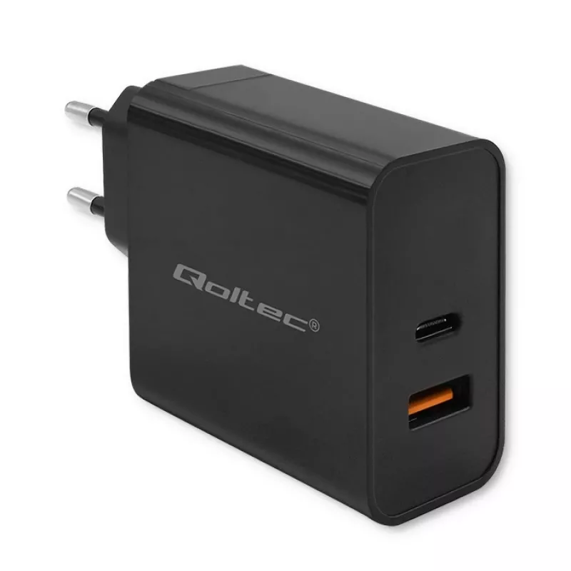 Qoltec 52381 Super Quick PD-oplader | 1xUSB-C | 1xUSB | 90W | 5-20V | 2,4-4,35A | zwart
