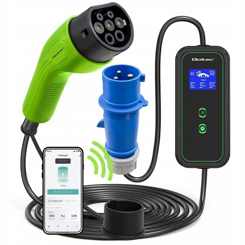 Qoltec Mobiele EV-autolader Verstelbaar 2in1 Type2 | 7kW | 230V | CEE 3 PIN | Wi-Fi | LCD | Draagbaar | Wallbox | 5m